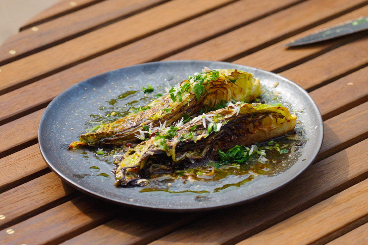Braised Pointed Cabbage with Comté Cheese, Hazelnuts and Ramsons